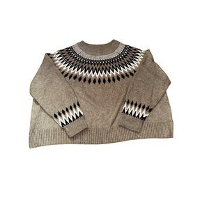 Cozy XXL Nordic Fair Isle Knit Ski Sweater Geometric Pattern Warm Taupe Preppy